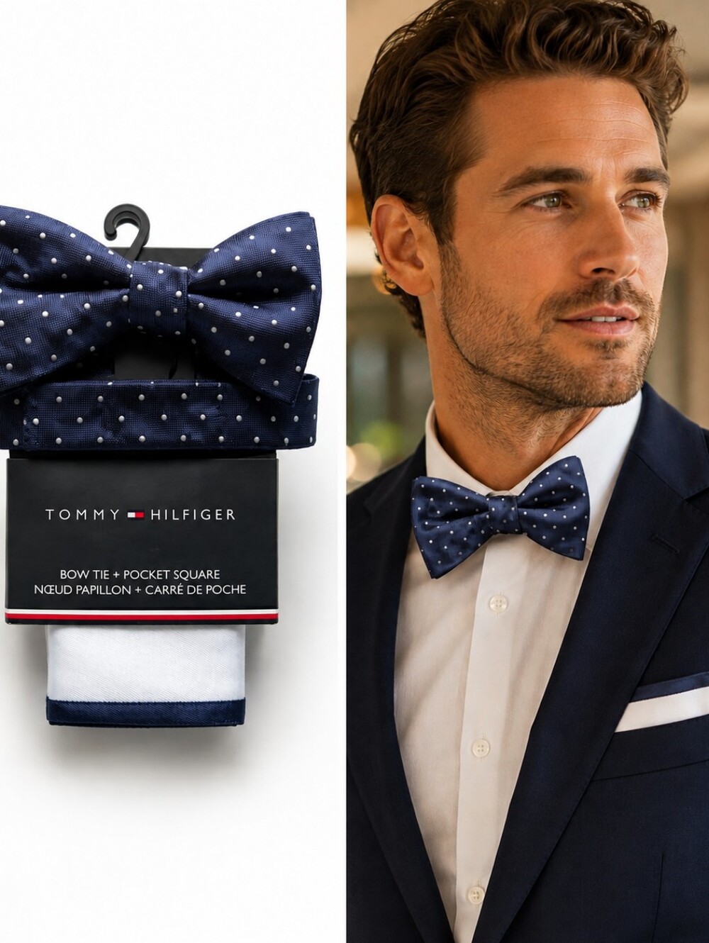 Tommy Hilfiger Navy Blue Polka Dot Bow Tie with White Pocket Square